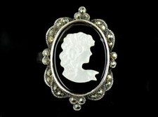 Vintage Sterling Silver Mother of Pearl MOP Onyx Marcasite Ring sz 11.5