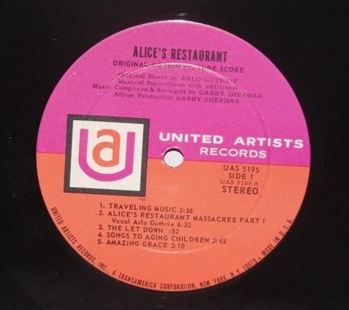Alice's Restaraunt OST Soundtrack LP 1969 United Artists Arlo Guthrie Folk 5195 - Picture 2 of 3