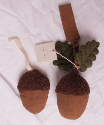 Handmade Mobilion Wool Felt baby rattle for stroller - acorn - plus paci holder