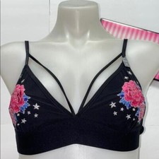 VICTORIA SECRET   unlined Sz Small Black Embroidered Bralette with Floral Design