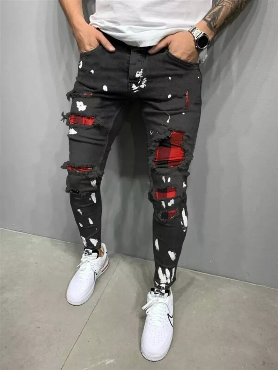 Mens Jeans Ripped Distressed Skinny Denim Pants Casual Stretch Slim Fit  Trousers