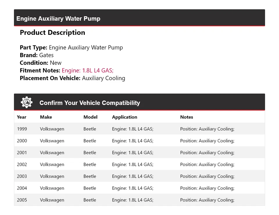 Bomba de agua auxiliar para motor Volkswagen Beetle 1999-2005 puertas 2000 2001 2002 Foto 2 de 4