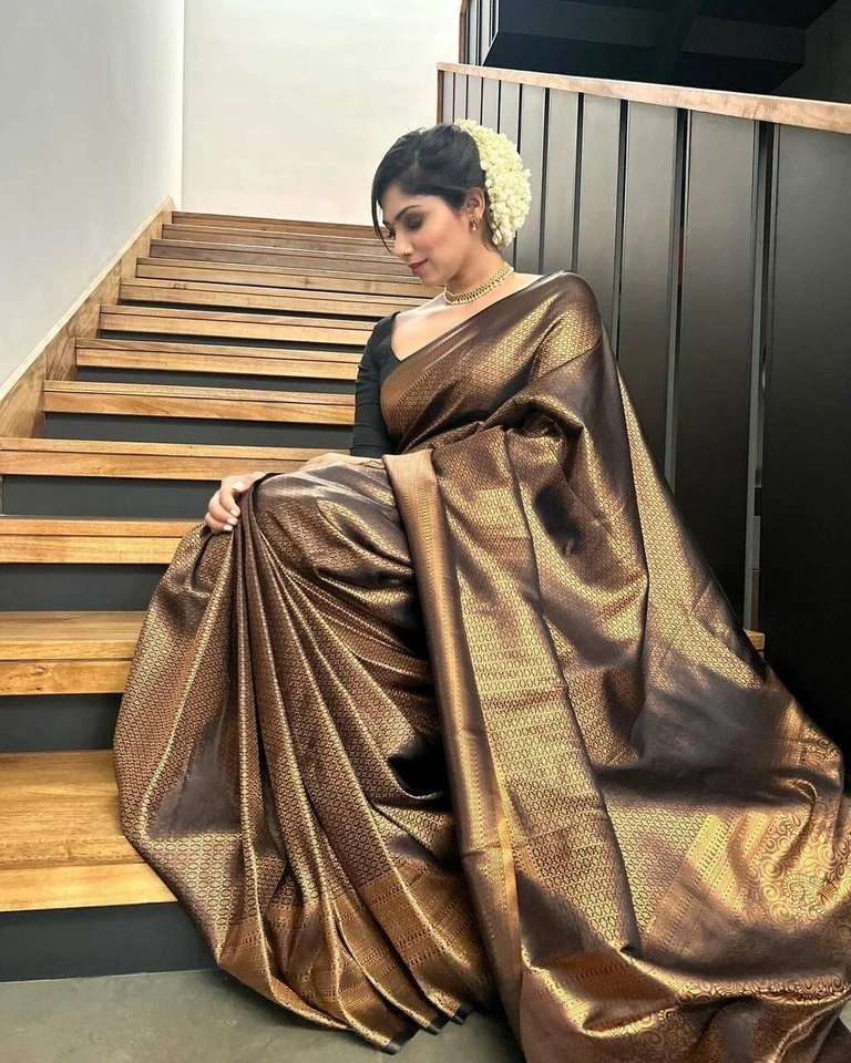 Saree/sari de seda indiano Banarasi com peça de blusa roupa de casamento para festa feminina - Imagem 2 de 4