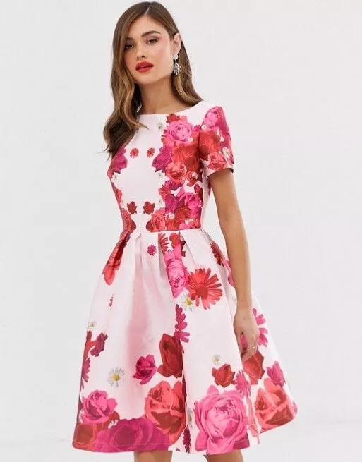 New Chi Chi London midi high low floral skater dress in pinkSize UK 6 US 2