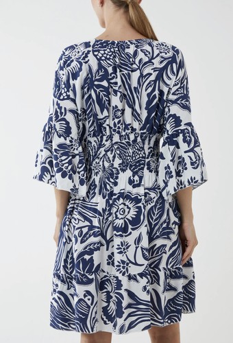 New Ladies Knee Length Monochromatic Floral Shirred Bodice Mini Dress BNWT - Picture 25 of 27