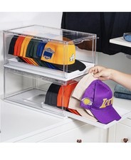Hat Organizer for Baseball Caps 2 Pack Clear Storage Box with Drawer
