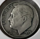 1953 D  ROOSEVELT  10c DIME 90% Silver American Coin #6