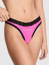 Victoria's Secret PINK - M Pink Show Girl Black Lace Trim Thong Panty - Medium