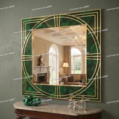 24'' Luxury Malachite Wall Mirror, Art Deco Brass Inlay Frame Home Decor