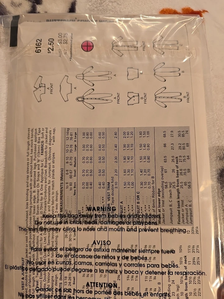 Vintage Butterick 6162 Infant Jacket,vest & jumpsuit Size Med 18-22 Lbs Uncut - Image 2 of 2