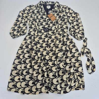 Joanie Dress 14 Black Cream Womens Barbara Cats Long Sleeve Button V-Neck Midi