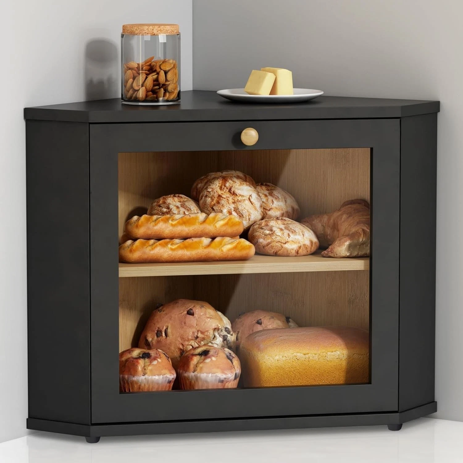 Corner Bread Box Kitchen Countertop Black Bread Storage Container Homemade Bread