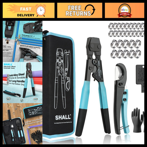 Pex Crimping Tool Kit with Pipe Cutter, 30 Stainless Steel Clamps & Storage Bag