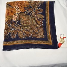 Vintage Berkshire Italy Sheer Scarf 51x51 Navy Paisley Floral Square w Gold Clip