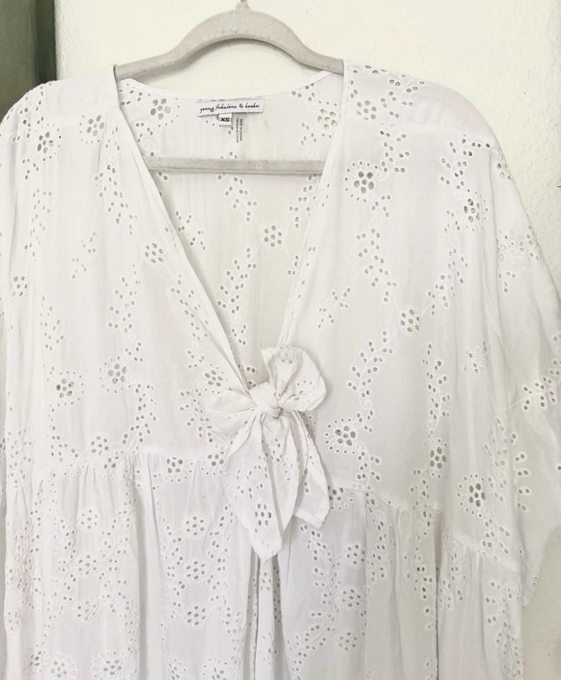Young Fabulous & Broke Eyelet Kaftan Dress Bow Beach Coverup Boho Hippie Coastal - Image 2 of 4