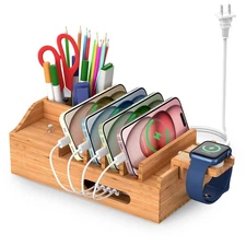 Bamboo USB Charging Station Dock for Multiple Devices, 5 Port Charger & Cables