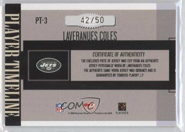 2006 Donruss Gridiron Gear Player Timeline Jerseys Prime /50 Laveranues Coles - Image 2 of 2