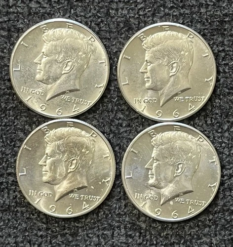 1964 50c Kennedy Half Dollars, 90% Silver, AU-Uncirculated, Lot of 4