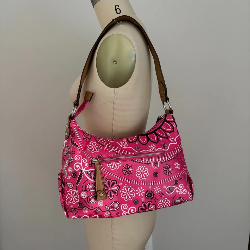 Isaac Mizrahi розовый бандана печать Hobo стиль желтовато-коричневый ПВХ отделка сумка - Изображение 3 из 4