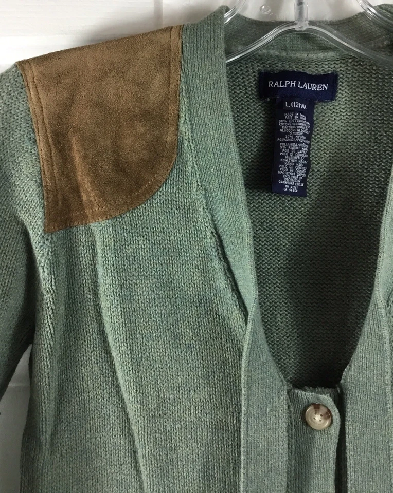 Ralph Lauren Niñas L Verde Cárdigan Suéter Parche para el Hombro Corbata Cuello Volantes Dobladillo Foto 2 de 4