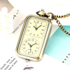Vintage Dual Time Zone Bronze Quartz Pocket Watch Rectangle Necklace Watch Gift