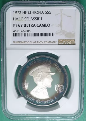 1972 HF ETHIOPIA SILVER $5 HAILE SELASSIE I NGC PF67 ULTRA CAMEO BEAUTIFUL TONED