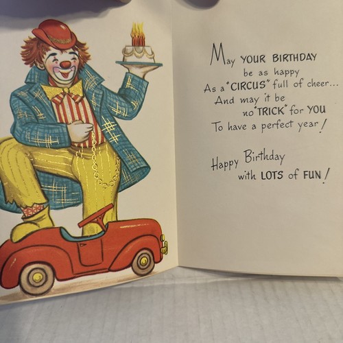 Vintage 1950s Birthday Card Unused Bright Colored Clown in Red Car w/red hat - Picture 2 of 3