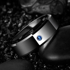 Blue CZ Inlay Wedding Ring Mens Tungsten Band Ring High Polished Comfort Fit 8mm