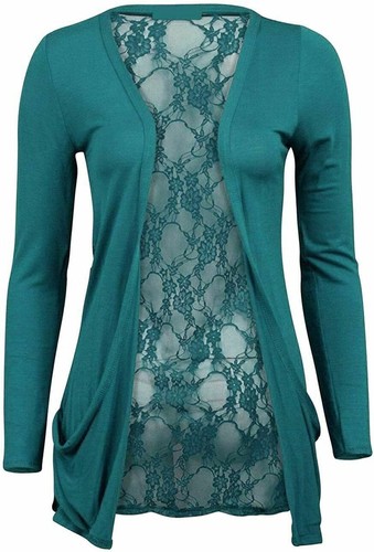 Women Long Sleeve Back Lace Boyfriend Cardigan ladies Open Front Pocket Cardigan - Picture 9 of 13