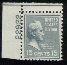 US. 820. 15c. James Buchanan, Presidential. Single Pl# 22922 UL. MNH. 1938