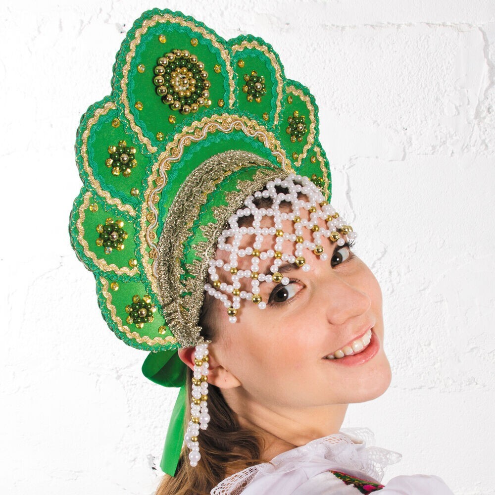 Green Kokoshnik Traditional Russian Folk Costume Headdress
