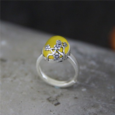 B25 ring chalcedony yellow with flowers flowers flower tendril 990 fine silver