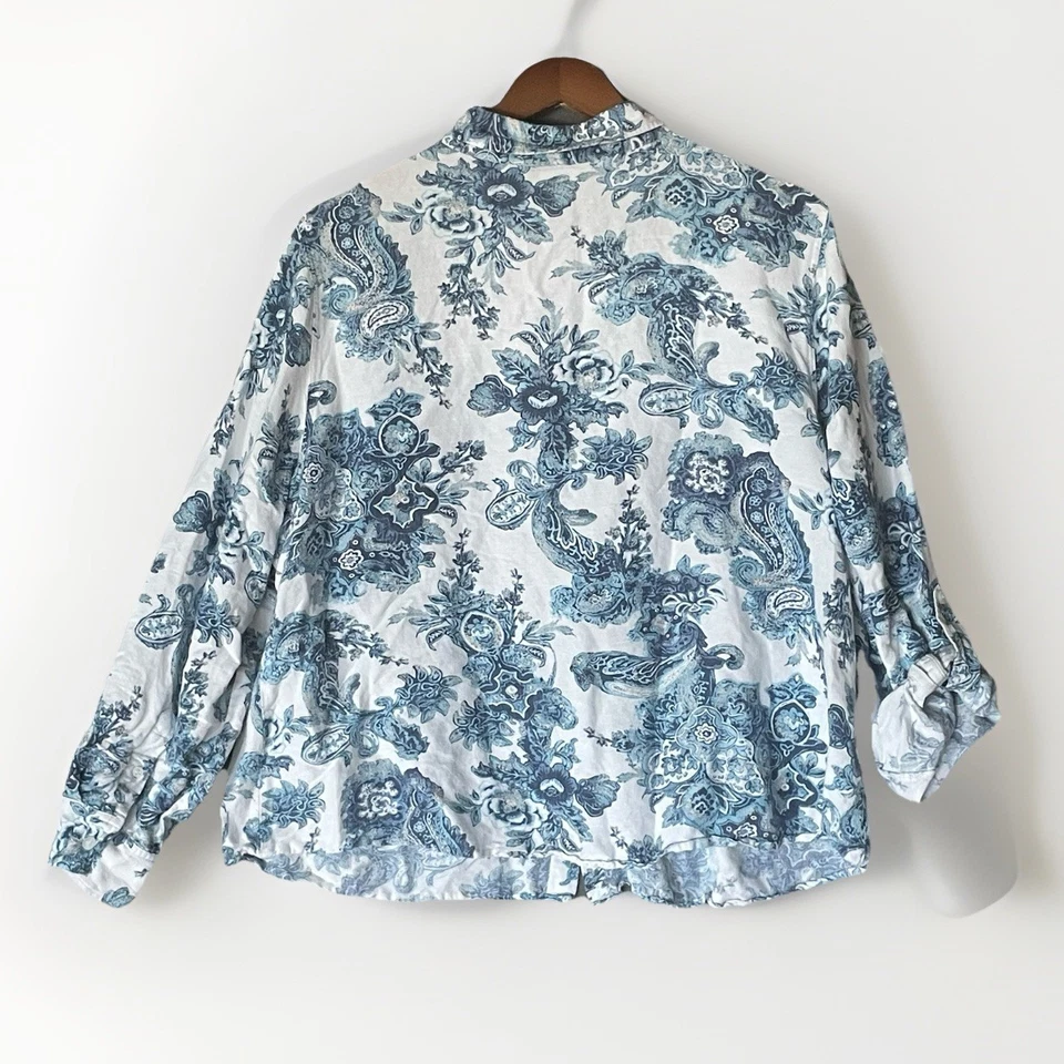 Liz & Co Top Womens Sz 2X White Blue Linen Blend Paisley Button Up Shirt Coastal - Image 2 of 4
