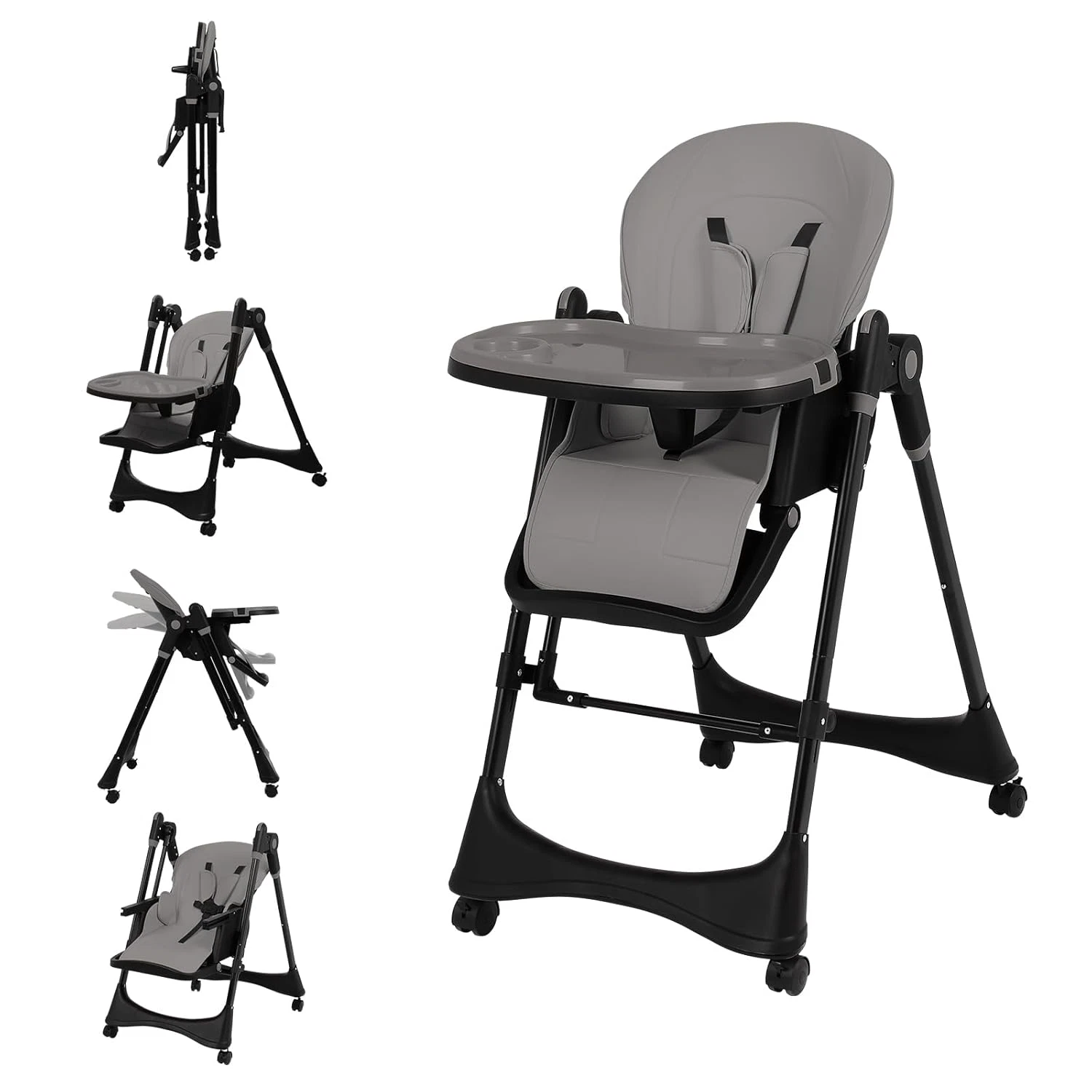 Silla Alta 6 en 1 Convertible con Mecedora para Bebe Plegable Facil Limpiar Gris