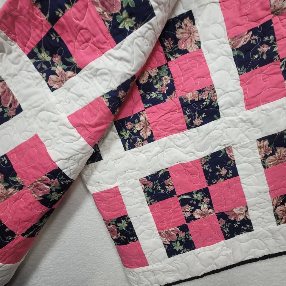 Handmade Patchwork Quilt Floral Pink Navy Checkerboard – 68x84 Full/Throw Size - Image 3 of 4