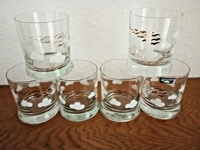 6 Leonardo Whisky Gläser Tumpler, Goldene Vögel, Wolken, Neuwertig, H: 10 cm