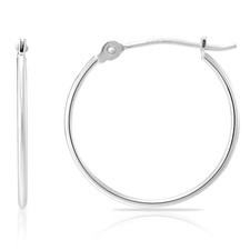 14K Solid White Gold Shiny Polished 1mm Thin Round Creole Hoop Earrings All Size
