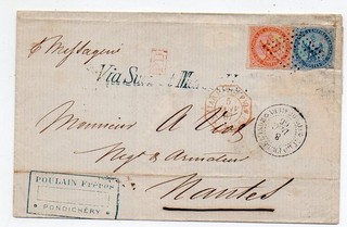 1867 INDIA COVER FRANCE OFFICES EAGLE ISSUE BICOLOR FRANKING UNIQUE COLOR PMKS