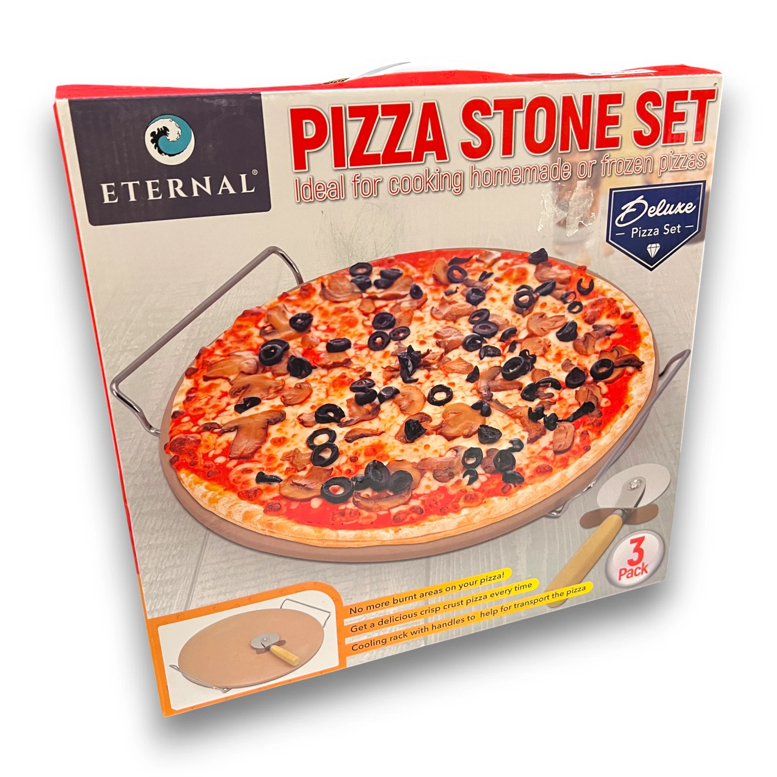 Eternal Pizza Stone Set 13" Round w/ Rack & Cutter 3-Piece Deluxe New Box