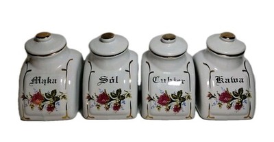 VINTAGE POLISH PORCELAIN CANISTERS CHODZIEŻ SÓL, MĄKA KAWA CUKIER SET OF 4