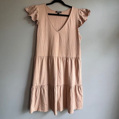 #ad Express Womens Tan Cotton Eyelet Flutter Sleeve Tiered Babydoll Dress Medium $17.82