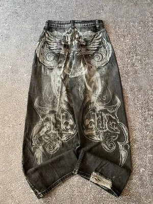 Angel Wings Y2K Grunge Distressed Graphic Baggy Jeans Wide Leg Streetwear S-2XL