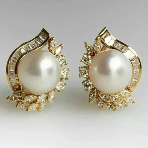 Vintage Natural Pearl 3Ct Round Cut Stud Earrings 14K Yellow Gold Plated Silver