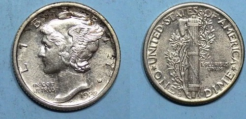 SILVER! SILVER! SILVER! 1920-S MERRCURY DIME BORDERLINE UNC. VERY TOUGH #MX3-89