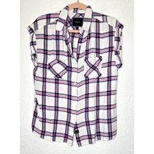Rails Womens Button Up Shirt Medium Pink Blue Plaid Cuffed Short Sleeve Soft Top