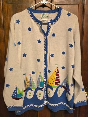 Vintage Quacker Factory Knit Cardigan Sweater Womens 1X White Sailboats
