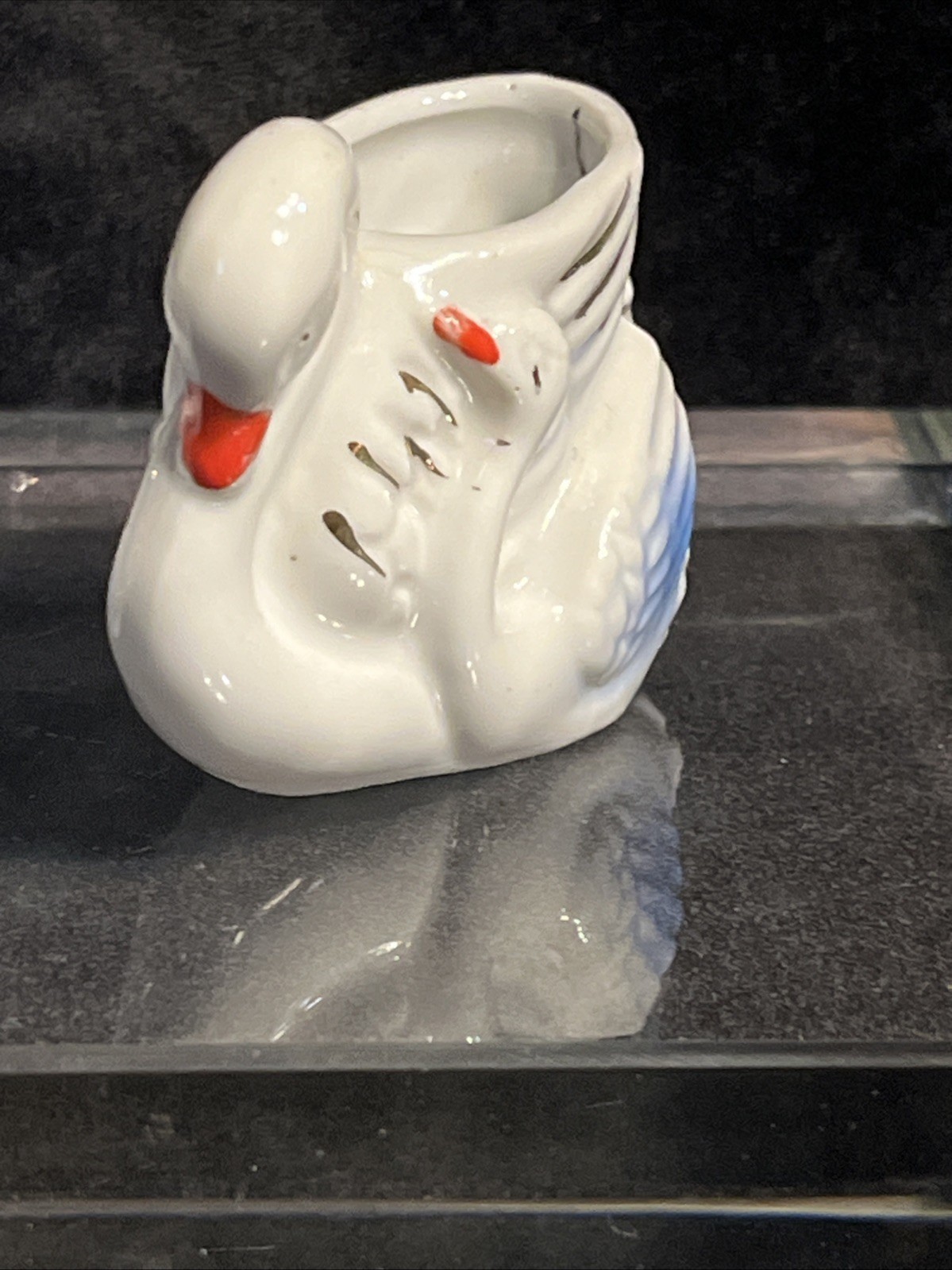 Toothpick HOLDER Porcelain Swan Mom Baby JAPAN Pair of (2) Vintage