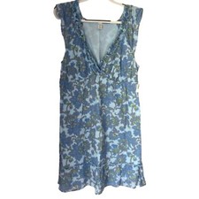 Old Navy Lined Linen Cotton Blue Floral / Bohemian Cap Sleeve Ruffle Dress Sz. L