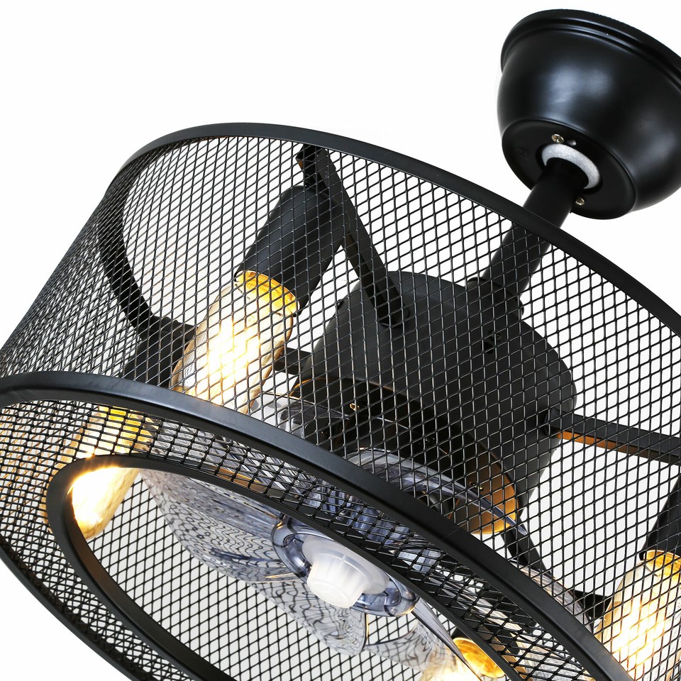 18in Black Ceiling Fan Light Metal Cage Drum Chandelier Fan Lamp