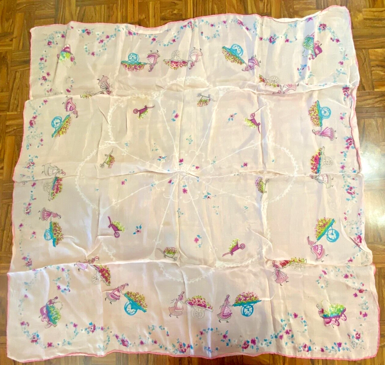 Very Old Silk Rolled Square Scarf Kerchief Floral Girls w/Wheelbarrows Pink 31"